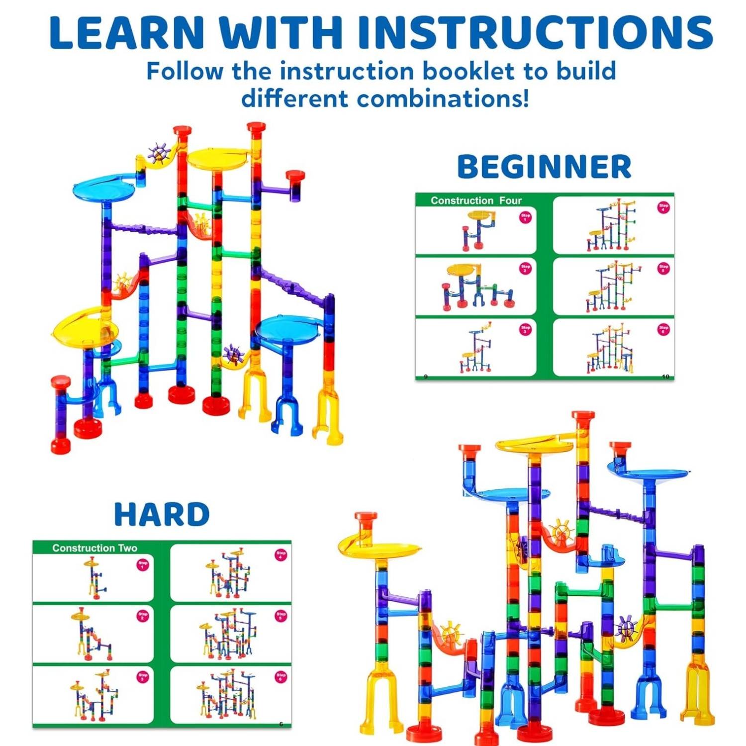 A marble run built from construction pieces